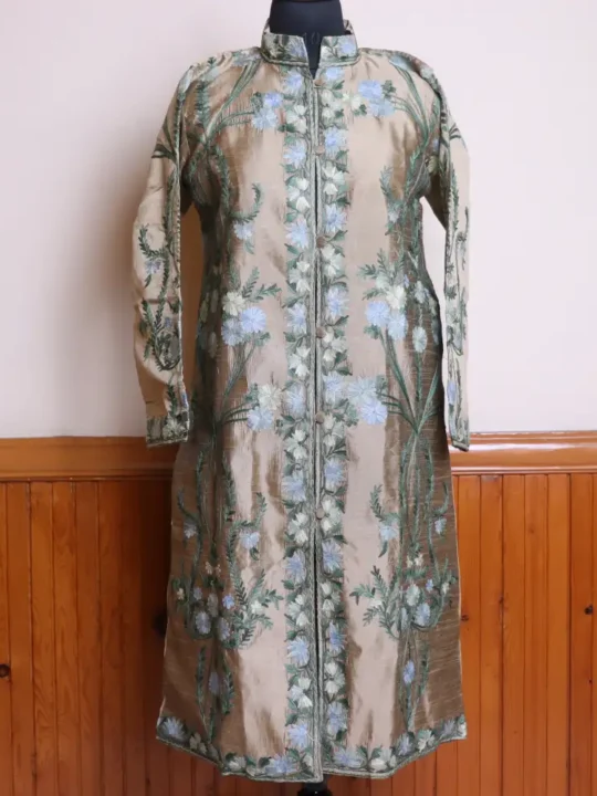 Light Brown Long Women Kashmiri Silk Coat/Jacket With Front Back Aari Embroidery - Riza  Collection