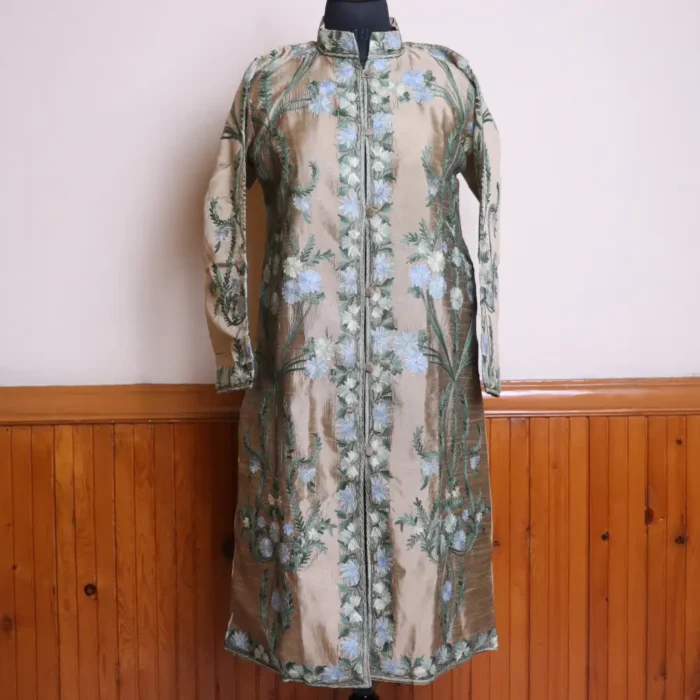 Light Brown Long Women Kashmiri Silk Coat/Jacket With Front Back Aari Embroidery - Riza  Collection