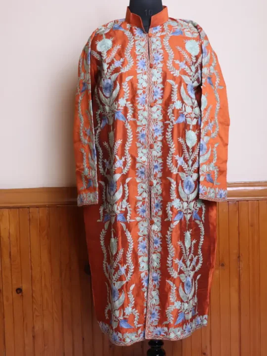 Rustic Orange Long Women Kashmiri Silk Coat/Jacket With Front Back Aari Embroidery - Riza  Collection