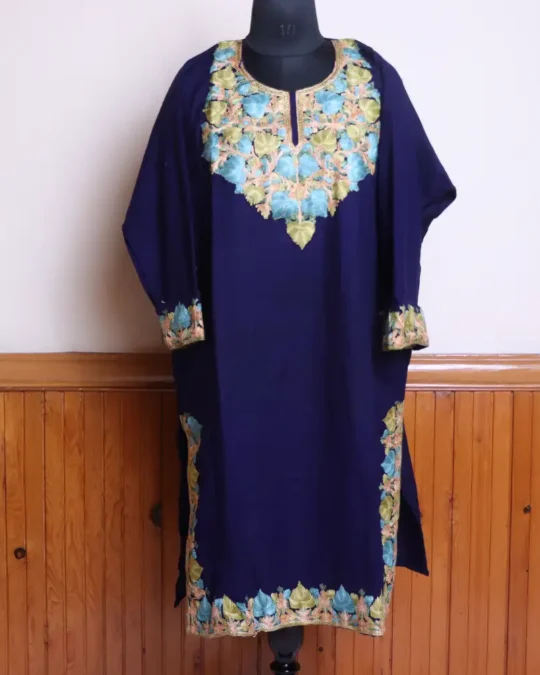 Elegant Dark Blue Aari Embroidered Cashmilon Pheran with Border Work