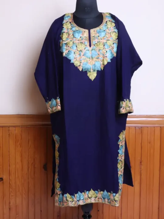 Elegant Dark Blue Aari Embroidered Cashmilon Pheran with Border Work