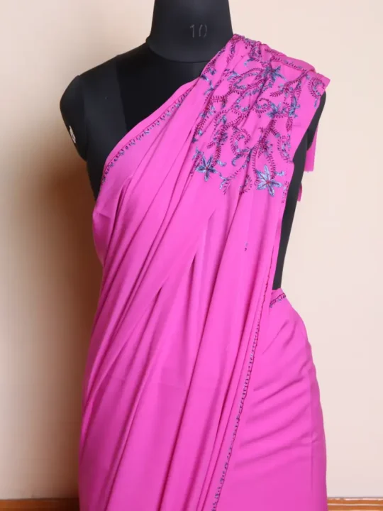 Hot-Pink Kashmiri Hand Sozni Saree | Dal Jheel
