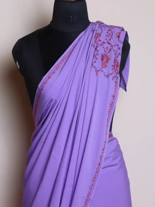 Lavender Hand Sozni Saree from Kashmir - Dal Jheel
