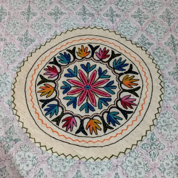 Artistic Round Pure Wool Namda | Eye-Catching Aari Work from Kashmir