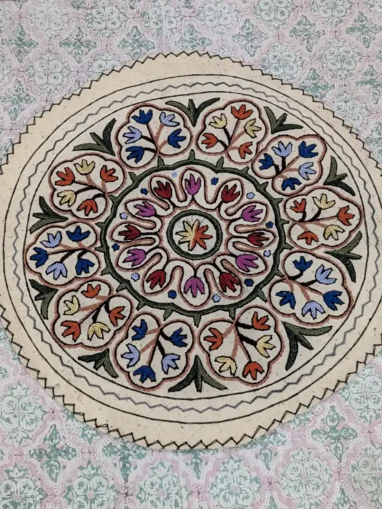 Kashmiri 3 ft Round Pure Wool Namda -  Handcrafted Aari Art