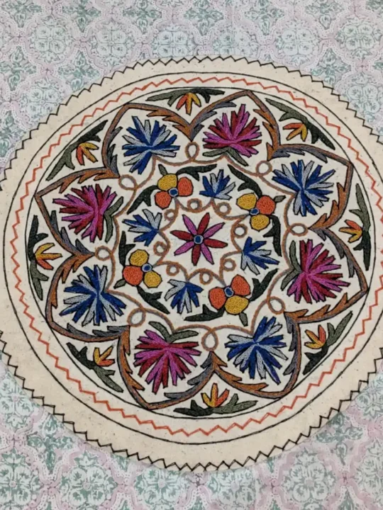 3 ft Round Pure Wool Namda | Eye-Catching Aari Work from Kashmir