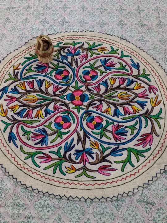 4 ft Round Cotton Wool Namda - Stunning Traditional Aari Embroidery