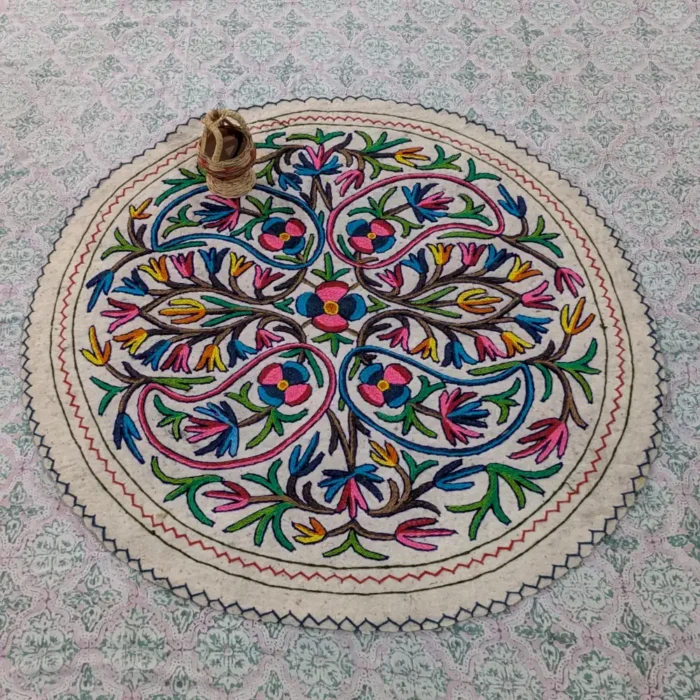 4 ft Round Cotton Wool Namda - Stunning Traditional Aari Embroidery