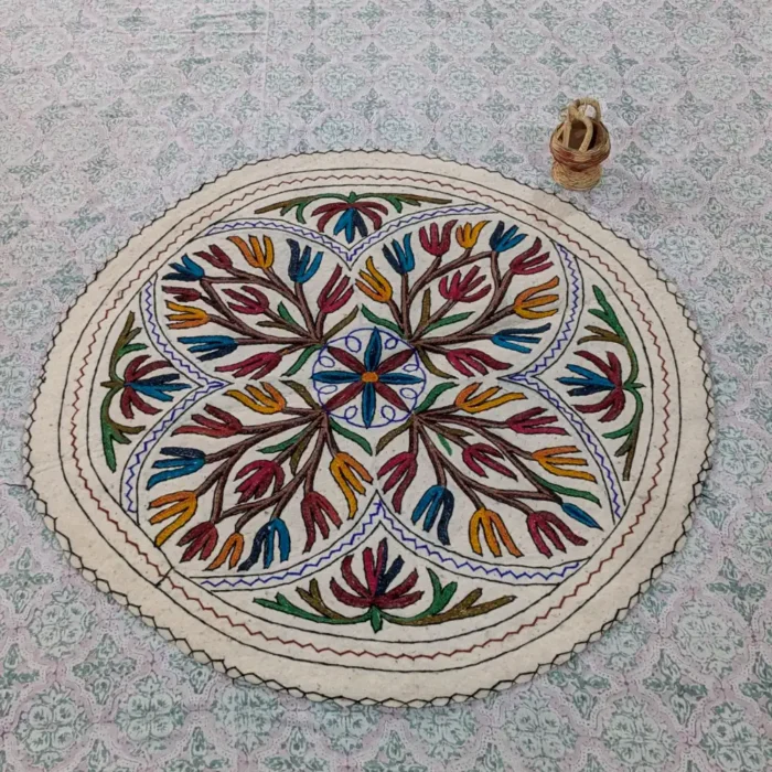 Handwoven 4 ft Round Cotton Wool Namda - A Luxurious Kashmiri Aari Embroidered Rug