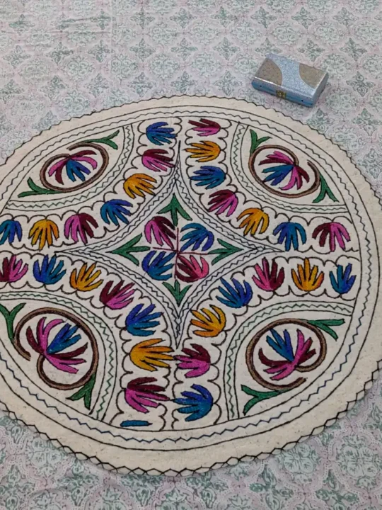 Magnificent 4 ft Round Cotton Wool Namda - A Beautiful Aari Worked Piece from Kashmir