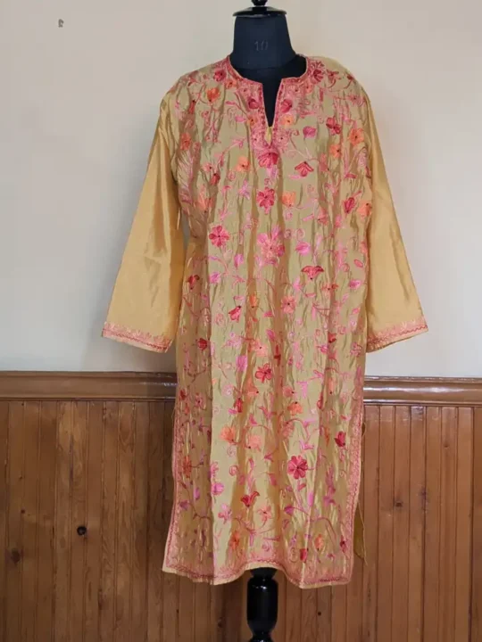Mustard Color Women Silk Embroidered All Over Aari Work Kurti from Kashmir - Nowhatta Collection