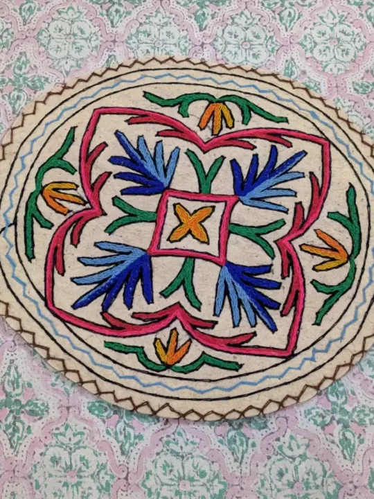 Traditional 2 ft Round Cotton Wool Namda with Exquisite Kashmiri Artwork