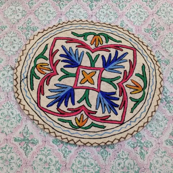 Traditional 2 ft Round Cotton Wool Namda with Exquisite Kashmiri Artwork