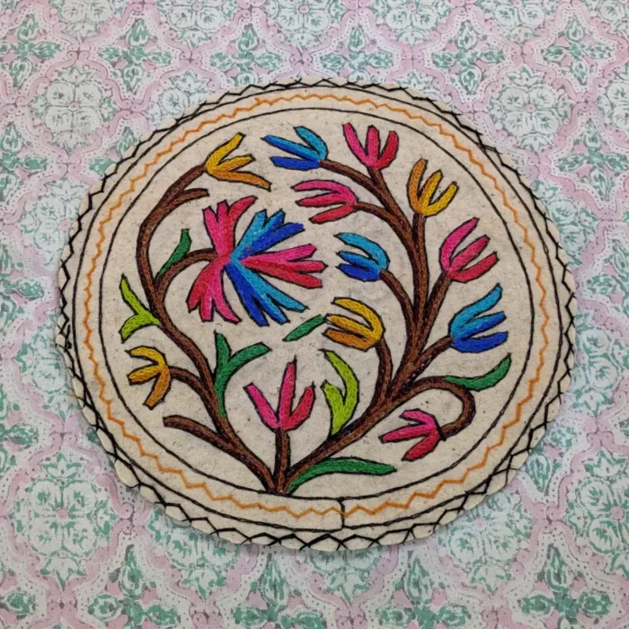 Artistic 2 ft Round Cotton Wool Namda - A Masterpiece of Kashmiri Hand Aari Work