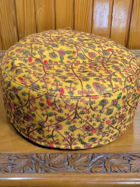 Zarposh Bagh Mustard Toosha Cap with All Over Paper Mache Sozni Embroidery with Border