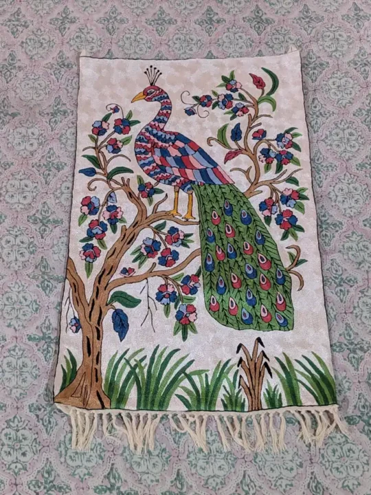 Eternal Grace Silk Thread Chain Stitch Peacock Design Wall Hanging (3x2 ft)