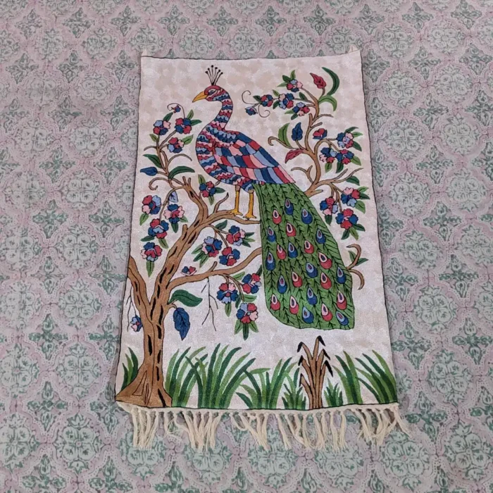 Eternal Grace Silk Thread Chain Stitch Peacock Design Wall Hanging (3x2 ft)