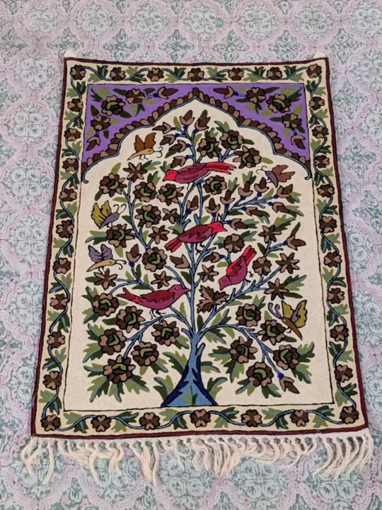 Classic Pattern Wall Hanging with Traditional Tree and Birds Woolen Chain Stitch Work (3x2 ft)