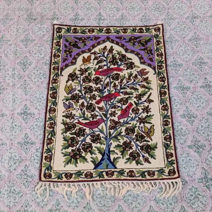 Classic Pattern Wall Hanging with Traditional Tree and Birds Woolen Chain Stitch Work (3x2 ft)