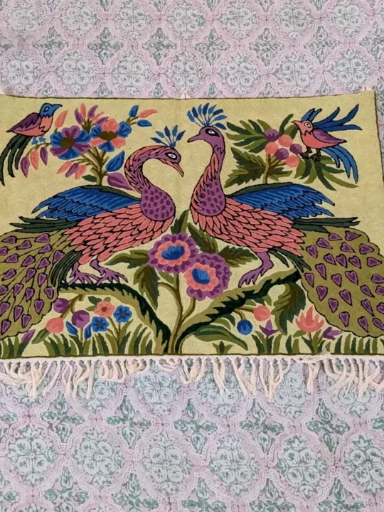 Pair of Peacock Designed Wall Hanging from Kashmir - Beautifully Embroidered Woolen Chain Stitch Design (3x2 ft)