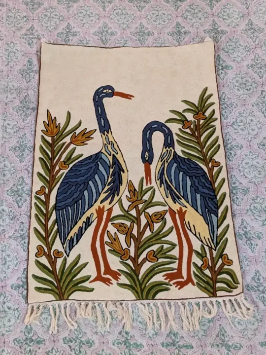 Bird's Pair Wall Hanging - Magnificent Woolen Chain Stitch Embroidery from Kashmir (3x2 ft)