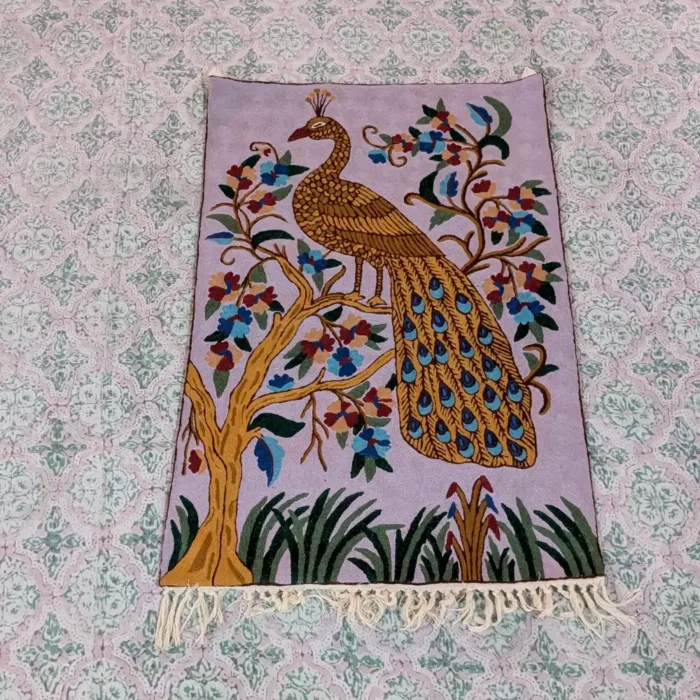 Kashmiri Decorative Wall Hanging with Delicate Woolen Peacock on Tree Chain Stitch Work (3x2 ft)