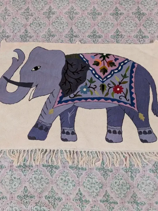 Kashmiri Elephant Motif Wall Hanging with Intricate Woolen Chain Stitch Embroidery (3x2 ft)