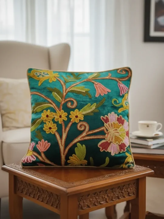 Green Velvet Cushion Cover With Crewel Embroidery from Kashmir
