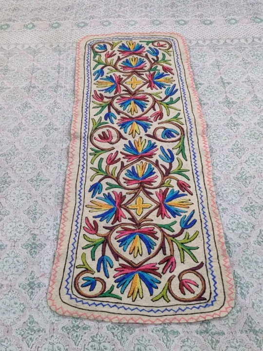 Handicrafted Woolen Namda Runner from Kashmir with Intricate Aari Work for Home & Office (6x2 ft)
