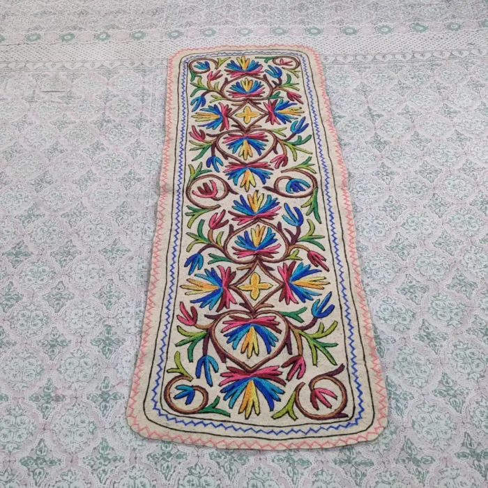 Handicrafted Woolen Namda Runner from Kashmir with Intricate Aari Work for Home & Office (6x2 ft)