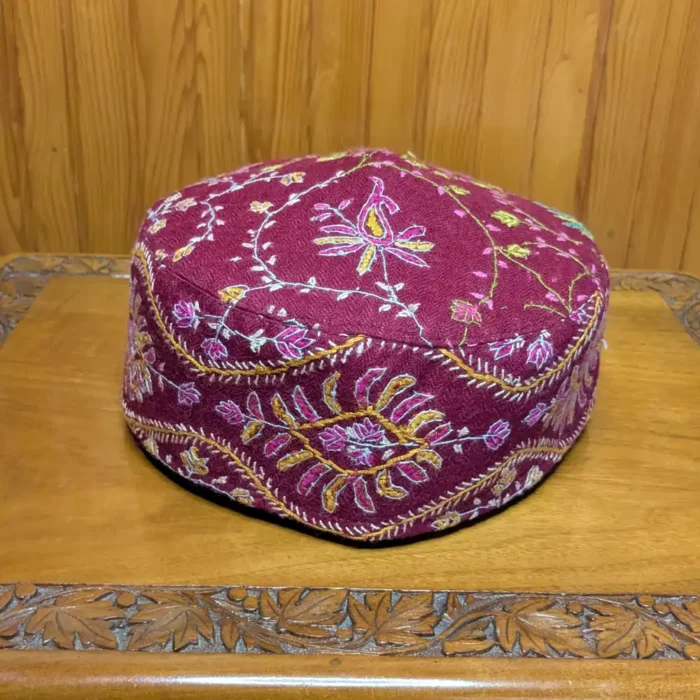 Rangwar Maroon Pure Pashmina Sozni Embroidered Cap