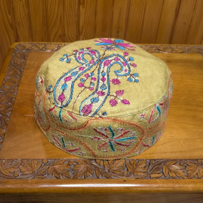 Nehama Mustard Pure Pashmina Cap with Hand Sozni Work - Image 2