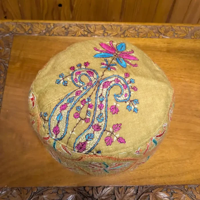 Nehama Mustard Pure Pashmina Cap with Hand Sozni Work - Image 3