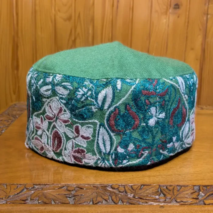 Maqbool-i-Bhagh Green Pure Pashmina Cap with Hand Sozni Embroidery