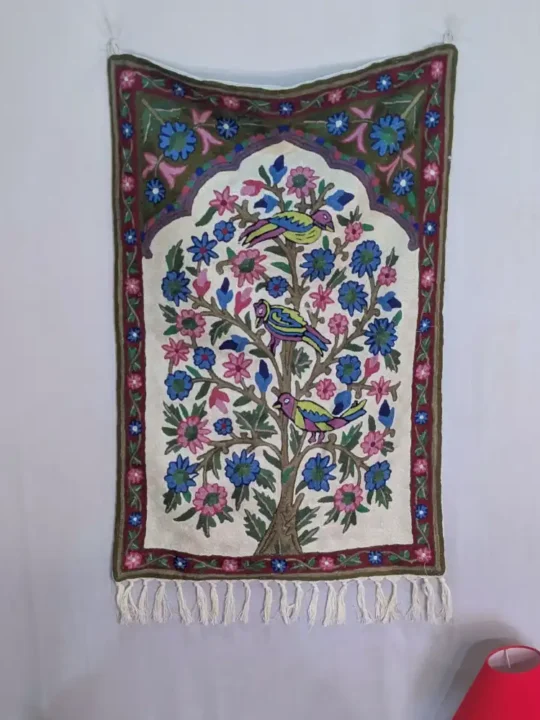 Exquisite Threadwork Dusoot Cotton Chain Stitch Birds on Tree Wall Hanging (3x2 ft)