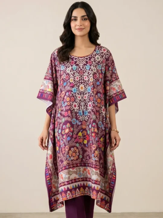 Purple Kalamkari Pattern Kaftan Dress from Kashmir - Nowhatta Collection