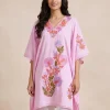 Pinkish Short Kashmiri Crush Cotton Kaftan Top For Women with Aari Embroidered Flowers - Jheel Dal