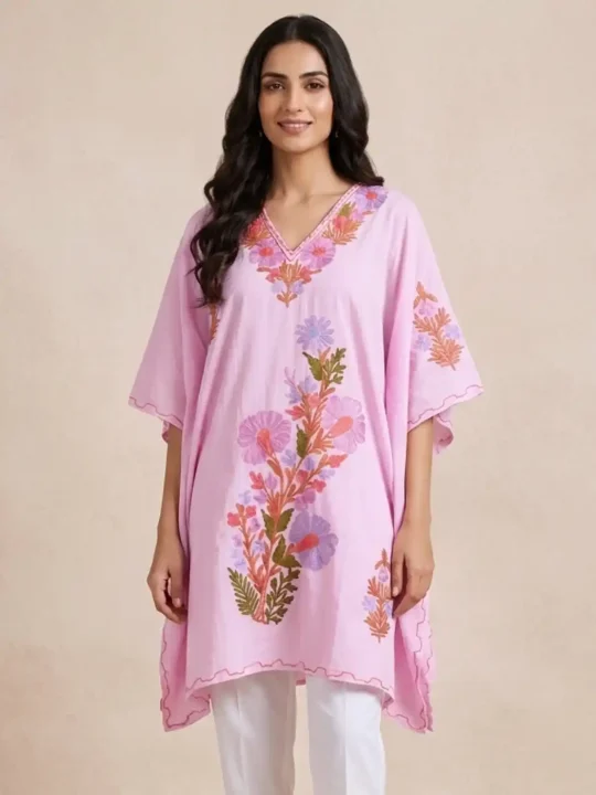 Pinkish Short Kashmiri Crush Cotton Kaftan Top For Women with Aari Embroidered Flowers - Jheel Dal