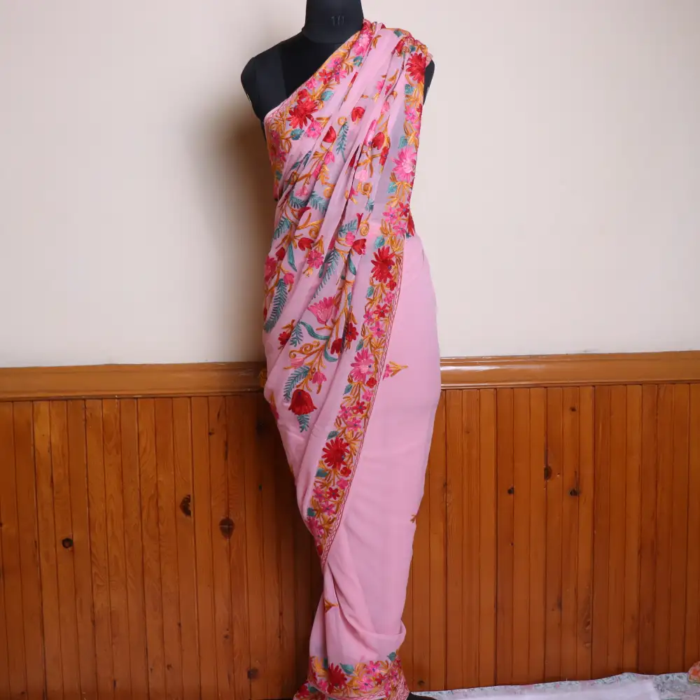 Pink Kashmiri Georgette Saree with Multicolor Aari Work Border and Bail ...