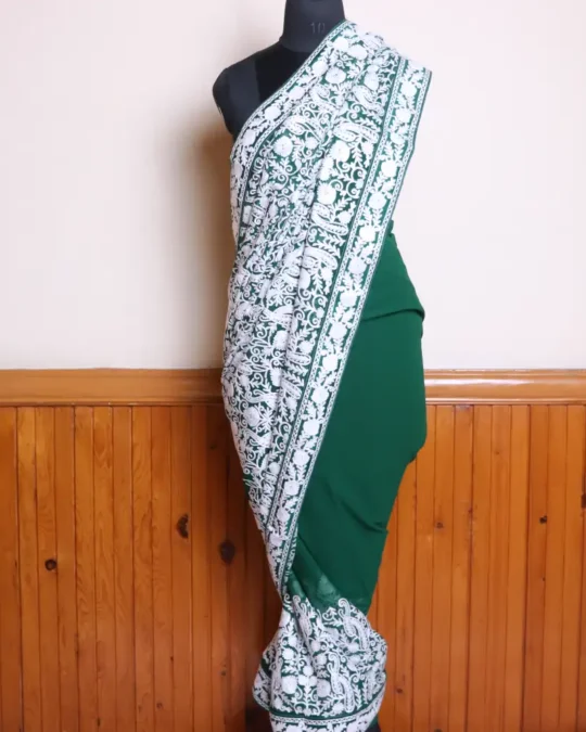 Green Kashmiri Georgette Saree With Jaal Aari Embroidery - Dal Jheel