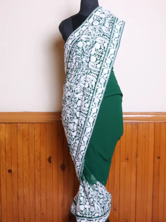 Green Kashmiri Georgette Saree With Jaal Aari Embroidery - Dal Jheel