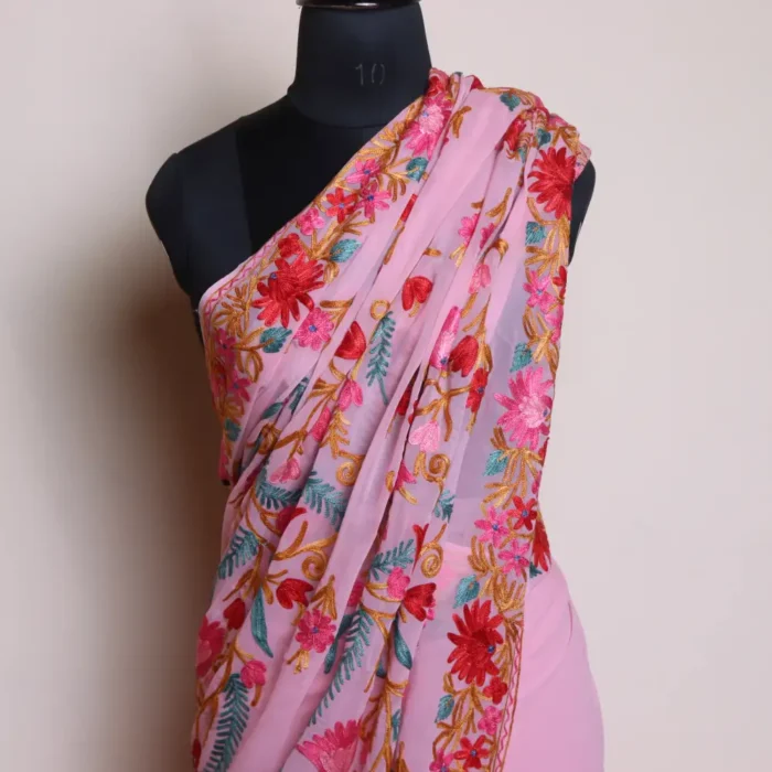 Pink Kashmiri Georgette Saree with Multicolor Aari Work Border and Bail Design on Pallu - Dal Jheel - Image 2