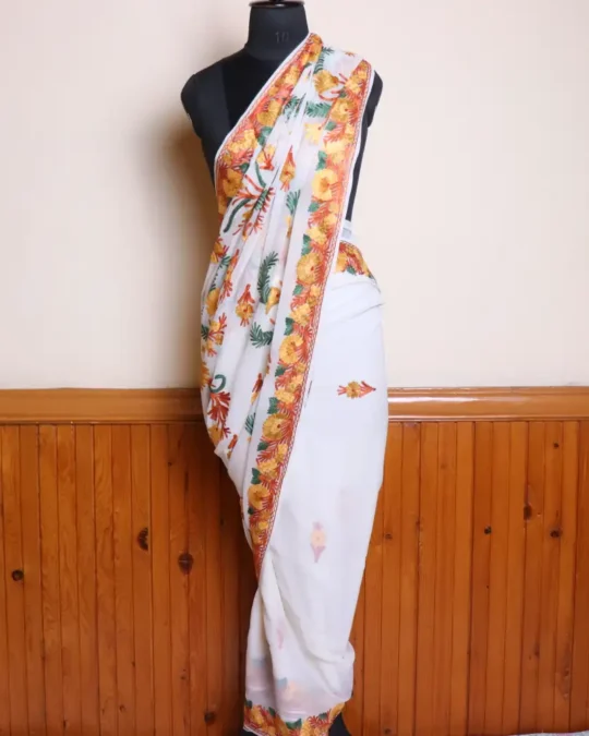 Creamy Kashmiri Georgette Saree with Multicolor Aari Work Border and Bail Design on Pallu - Dal Jheel