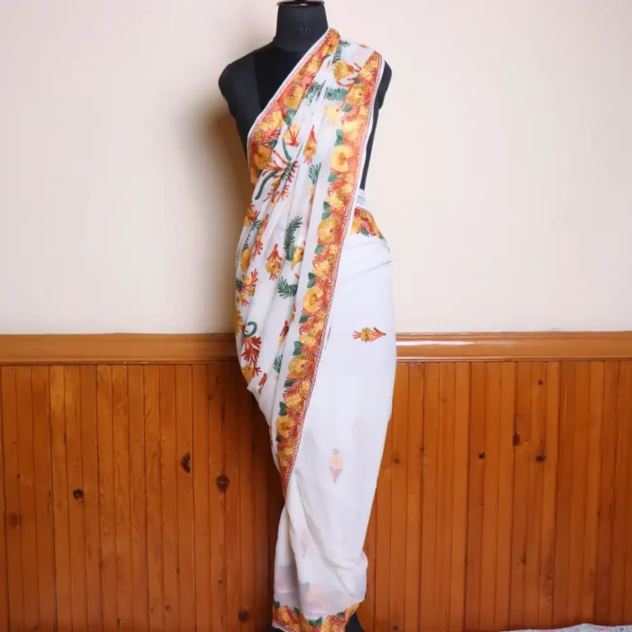 Creamy Kashmiri Georgette Saree with Multicolor Aari Work Border and Bail Design on Pallu - Dal Jheel