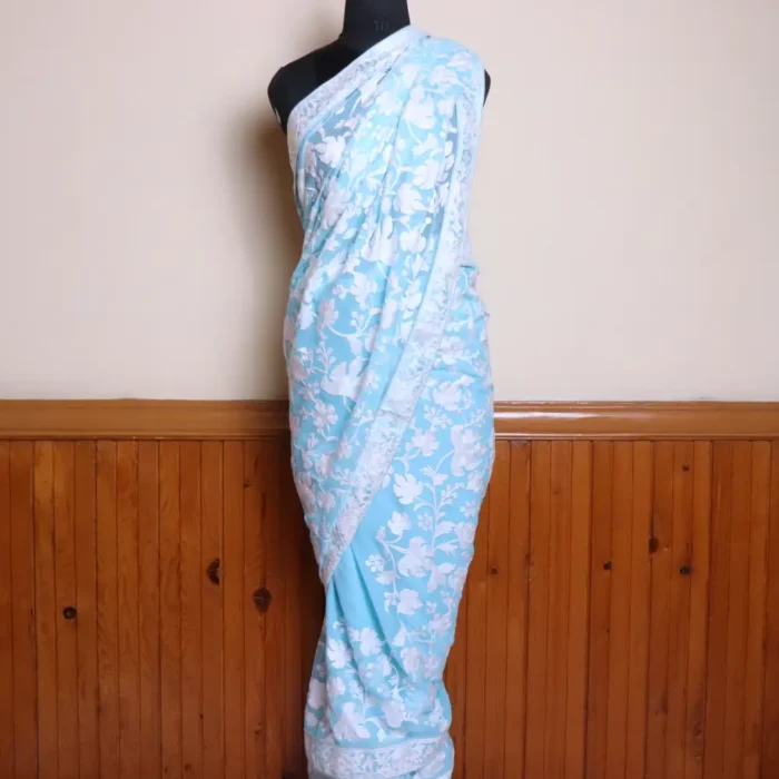 Sky Blue Kashmiri Georgette Saree With Jaal Chinar Aari Embroidery - Dal Jheel