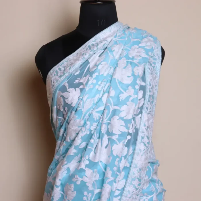 Sky Blue Kashmiri Georgette Saree With Jaal Chinar Aari Embroidery - Dal Jheel - Image 2