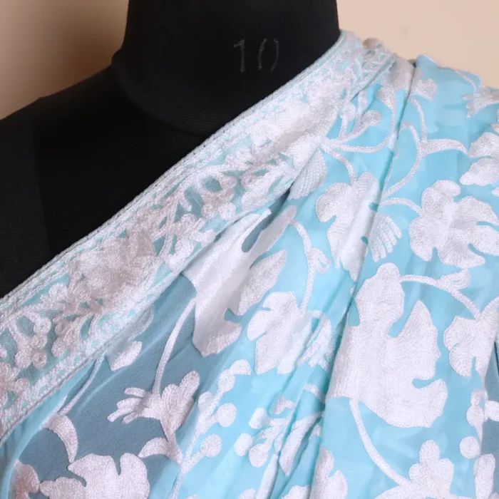 Sky Blue Kashmiri Georgette Saree With Jaal Chinar Aari Embroidery - Dal Jheel - Image 3