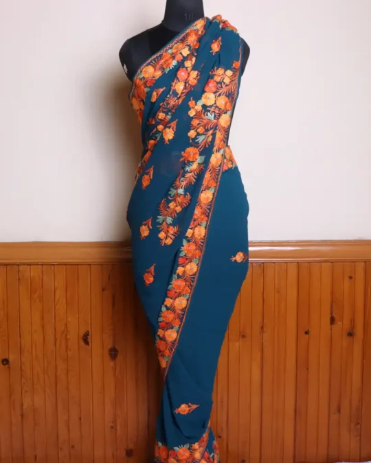 Pine Green Kashmiri Georgette Saree with Multicolor Aari Work Border and Bail Design on Pallu - Dal Jheel
