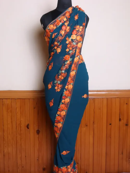 Pine Green Kashmiri Georgette Saree with Multicolor Aari Work Border and Bail Design on Pallu - Dal Jheel
