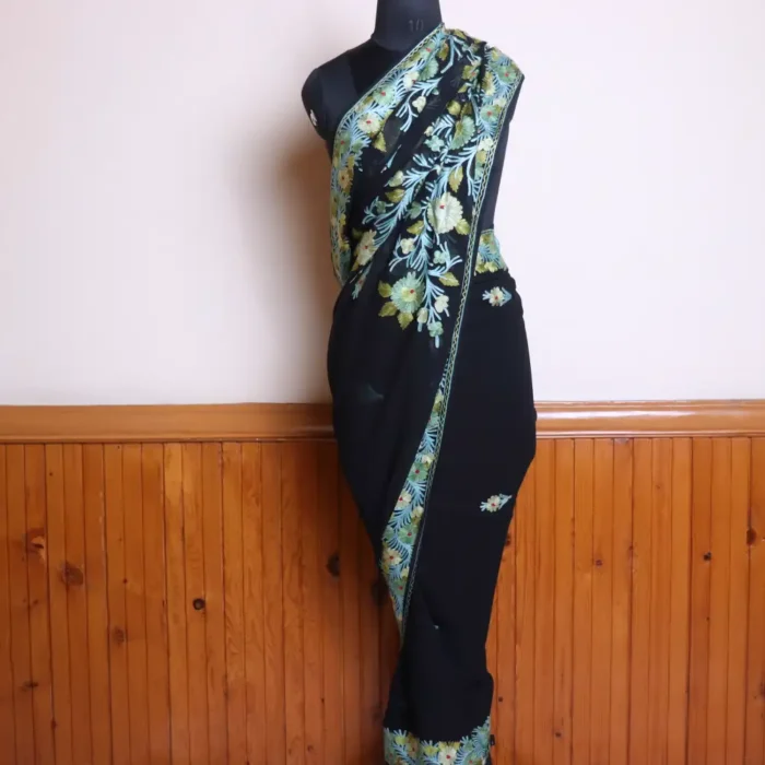 Black Kashmiri Georgette Saree with Multicolor Aari Work Border and Bail Design on Pallu - Dal Jheel